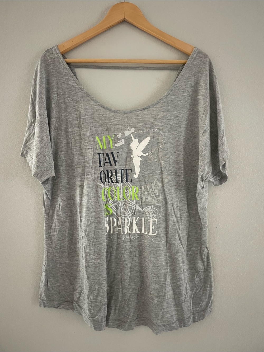 Disney Gray Scoop Neck Tee with White and Neon Green Tinkerbell Graphic